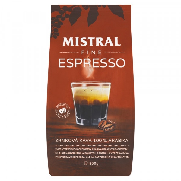 Mistral Fine Espresso zrnková káva 100 % arabika 500 g 1